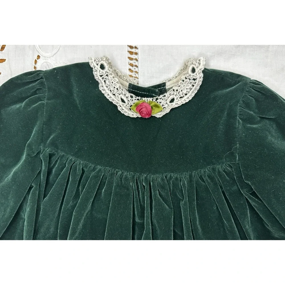 Jo Lene Made In USA -Vintage- 2T Green Velvet - Lace Rosettes - Picture 4 of 6